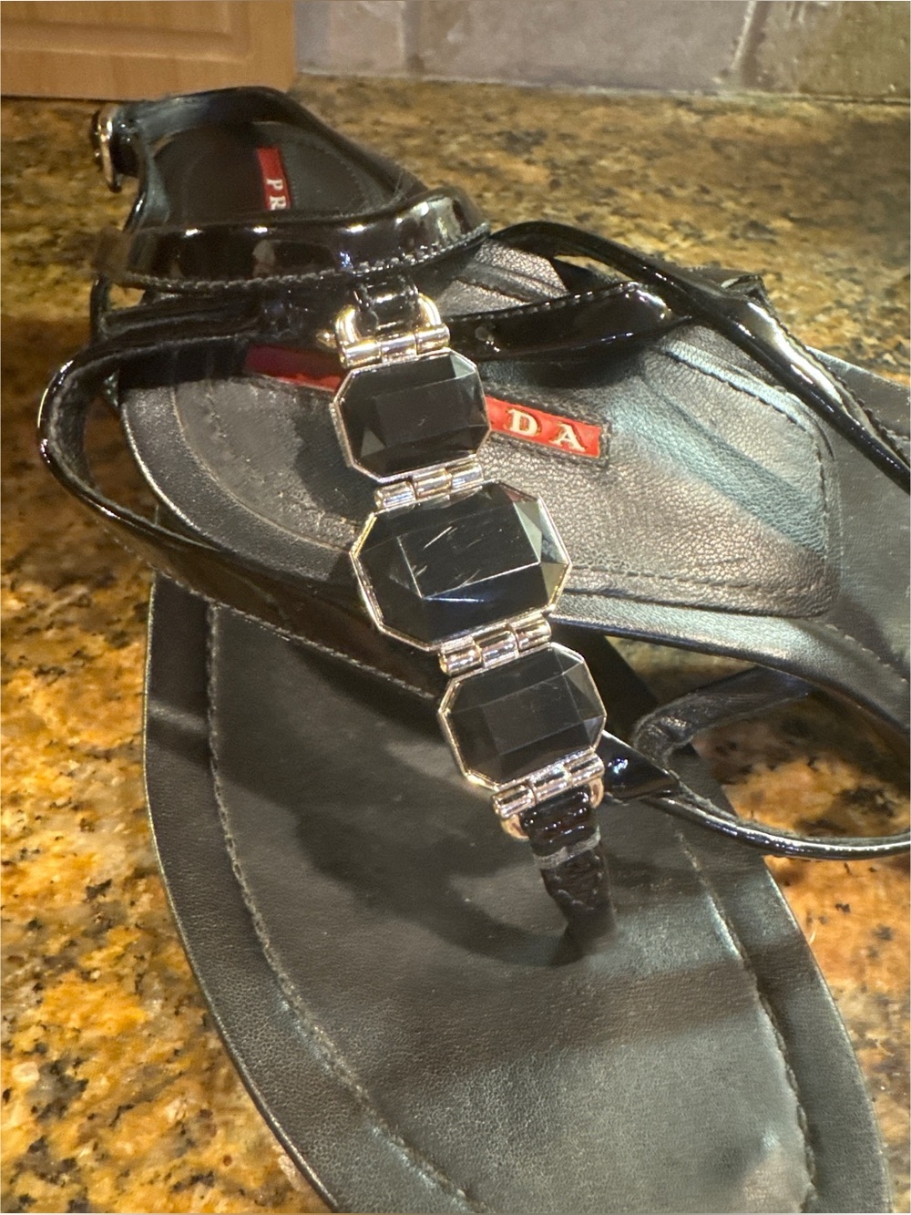 Prada Black Patent Leather Jeweled Thong
Wedge Sandals EU 41 US 10